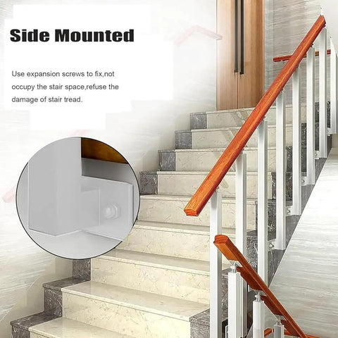 Pro Grade Adjustable Side Mount Railing Kit Featuring 270 Degree Flat Brackets And Square Iron Spindle Post For Stair Deck Porch Or Fence Built From Premium Wrought Iron With Tough Anti Rust Coating, showing side mounted installation on marble stairs.