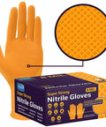 Inspire orange nitrile gloves, 8 mil, diamond-textured grip, 100-count box.