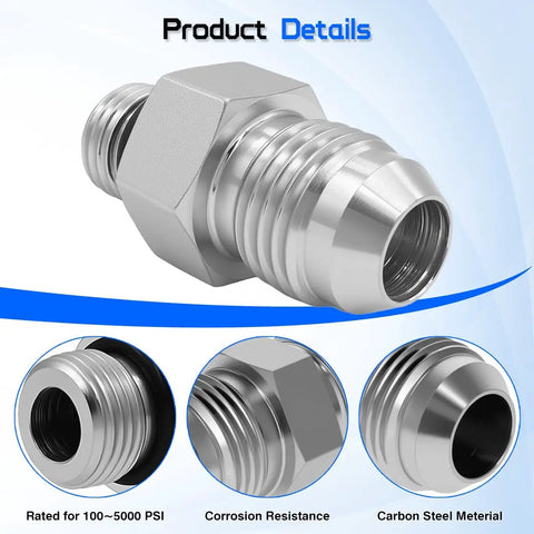 Hydraulic Adapter Fitting One Quarter Inch JIC 37 Degree Male To One Eighth Inch SAE ORB Male Straight Thread Converter For Hydraulic Systems Converts JIC Flare To ORB Ports, carbon steel