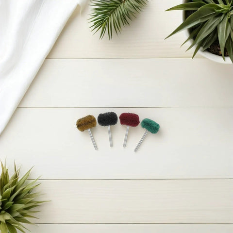 Trendy 100 Piece Mini Buffing Wheel Kit With T-Shaped Design For Drills featuring assorted scouring pads in various colors.