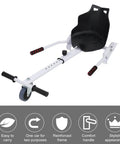 White go kart seat attachment for 6.5 to 10 inch self balancing scooters, adjustable frame, shown with reinforced frame and comfort handle.