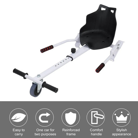 White go kart seat attachment for 6.5 to 10 inch self balancing scooters, adjustable frame, shown with reinforced frame and comfort handle.