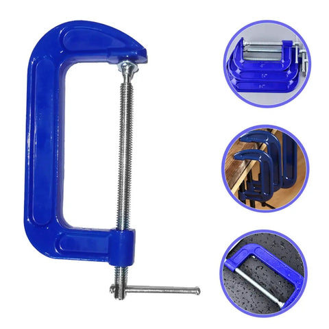 Beefy Heavy Duty 4 Inch Woodworking G Clamp C Clamp with Tabletop Mounting and Quick Release, blue, various views shown