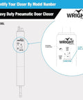 Premium Heavy Duty Pneumatic Storm Door Closer Built Tough As Nails With Smooth Adjustable Quiet Closing and Secure Hold Open Mechanism For Medium To Heavy Outswing Security Doors model label and specifications.