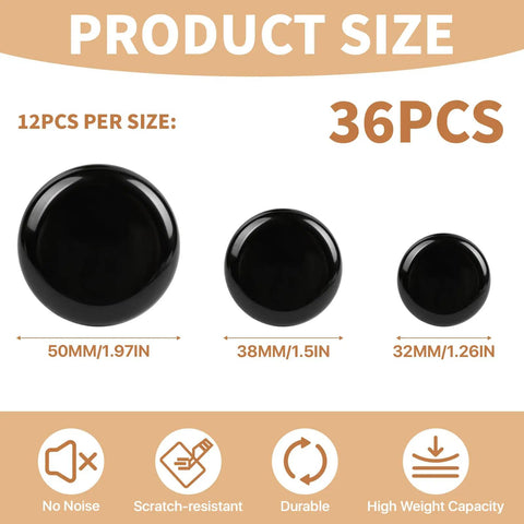 Heavy Duty Self Adhesive Furniture Sliders 36 Piece Set Features Rock Solid Grip for No Sweat Moving and Smooth Gliding on Wood or Carpet Floors Super Durable Build in black circle sizes.