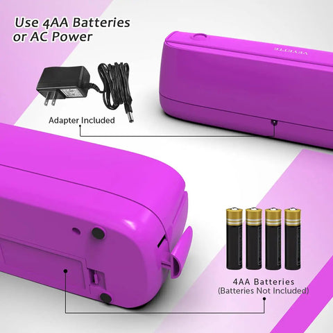 Electric 3 Hole Paper Punch With Adapter 20 Sheet Capacity AC Or Battery Powered Purple Office School Studio Tool showing adapter and battery options