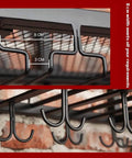Close-up of iron hooks on Industrial Wall Mounted Wine Rack With Stemware Holders Two Tier Iron Bar Shelf Bottle Display.