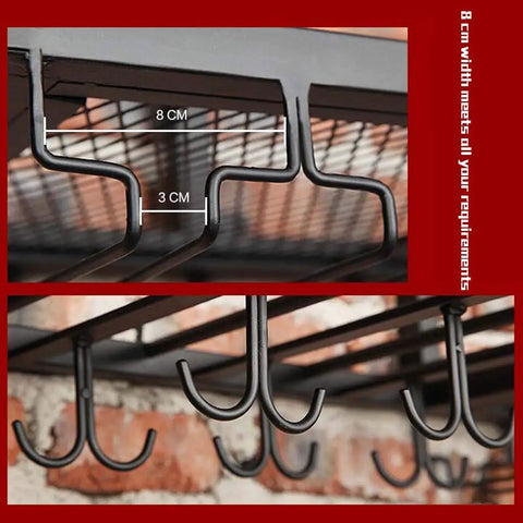 Close-up of iron hooks on Industrial Wall Mounted Wine Rack With Stemware Holders Two Tier Iron Bar Shelf Bottle Display.