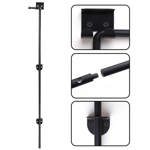 Qlvily 36" Heavy Duty Cane Bolt Gate Drop Rod - Solid Steel Ground Latch for Double Gates with installation details.