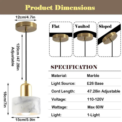 Product dimensions of Straight Up Stylish Nordic Modern Marble And Stainless Steel Pendant Ceiling Light with E27 Bulb Socket.