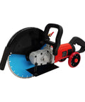 14 Inch Electric Concrete Saw and Wall Grooving Machine with Slick Rolling Base and Water System for Zero Dust 4000W 3000 RPM close-up view with blade and motor.
