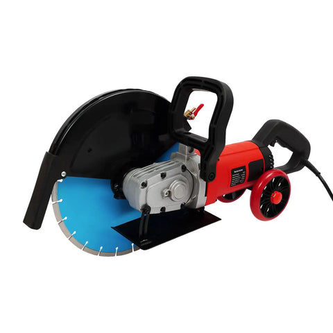 14 Inch Electric Concrete Saw and Wall Grooving Machine with Slick Rolling Base and Water System for Zero Dust 4000W 3000 RPM close-up view with blade and motor.