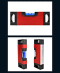 Magnetic Pocket Level Mini Bubble Spirit Level Tool With 2 Vials 90°/180° shown from two angles, red and black design.