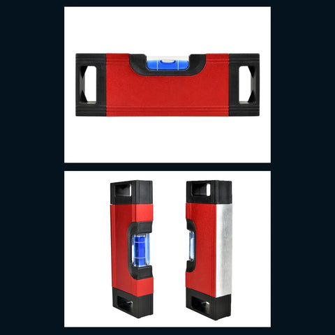 Magnetic Pocket Level Mini Bubble Spirit Level Tool With 2 Vials 90°/180° shown from two angles, red and black design.