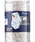 EZ Cat 5e Pass Through RJ45 Connectors 200 Pack jar for Solid or Stranded UTP Cable, clear connectors visible