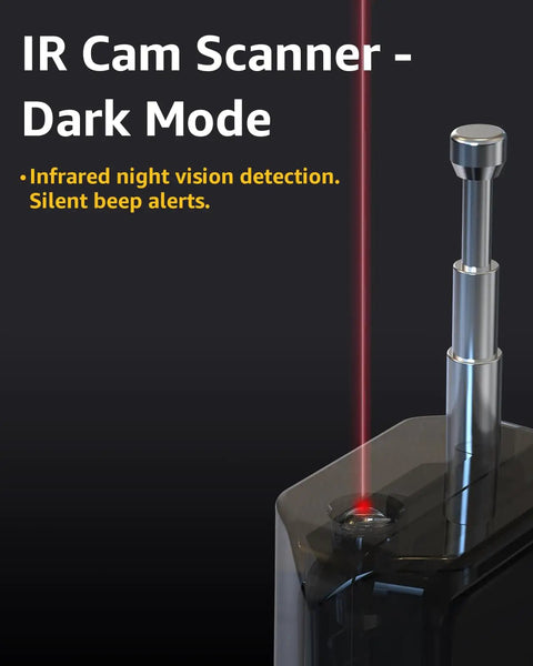 Hidden Camera Detector Pro in dark mode showing infrared scanner and antenna for RF and GPS tracking.