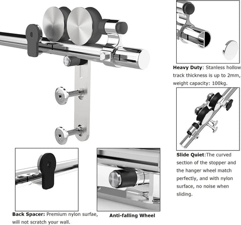 8Ft Stainless Steel Sliding Barn Door Hardware Kit With Quiet Glide heavy duty track, satin brushed finish, Y shape rollers