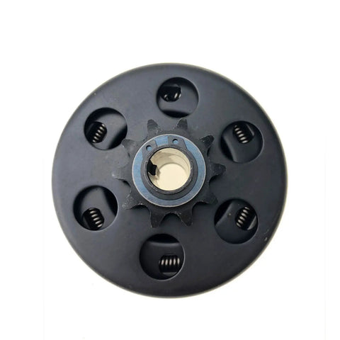 Top view of Go Kart Clutch Centrifugal Workhorse with five eighth inch bore and ten tooth sprocket, black metal, fits go karts and mini bikes.