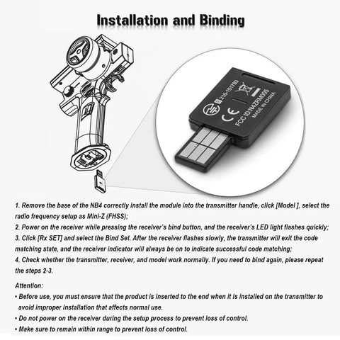 Installation instructions for Flysky FS RM005 FHSS 2.4GHz Module For NB4 Plus And NB4 Pro Plus Transmitters with diagram