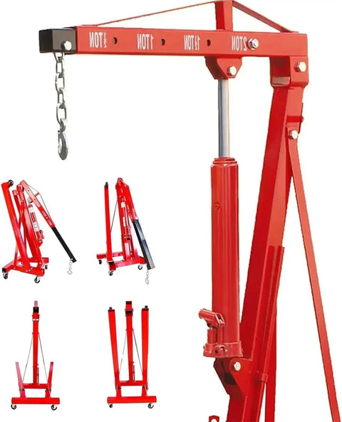 Heavy Duty 2 Ton Hydraulic Engine Hoist And 4000 Lbs Folding Cherry Picker with chain and hydraulic arm for motor lifting.