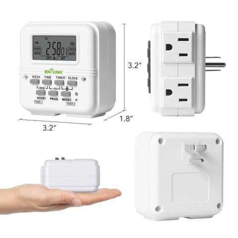 Indoor Digital Light Timer With 7 Day Programmable Plug In Dual 3 Prong Outlets For Lamps And Fans, Independent On Off Settings, Energy Saving, ETL Listed, 15 Amp, 1875 Watt, 1 Pack