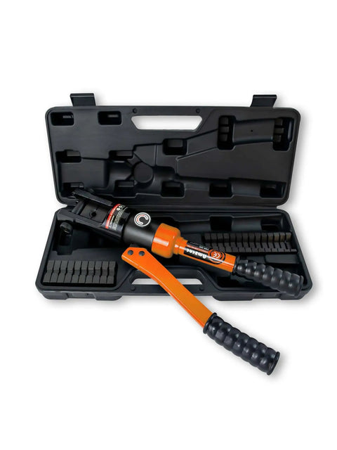 Hydraulic Wire Rope Crimping Tool Kit With 9 Die Sets For 12 AWG To 2/0 AWG Cables And 1/8 Inch Stainless Steel Rope, in carrying case