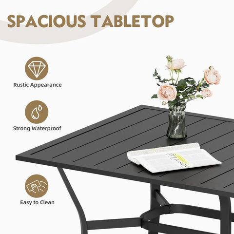 Rectangular metal table from the 7 Piece Outdoor Dining Set with flower vase and newspaper, waterproof and easy to clean surface.