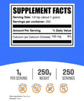 Supplement facts label for Calcium Orotate Powder Supplement With High Bioavailability For Bone Support And Everyday Wellness Gluten Free Unflavored 1g Per Serving 250g Jar Non GMO Certified For Maximum Absorption.