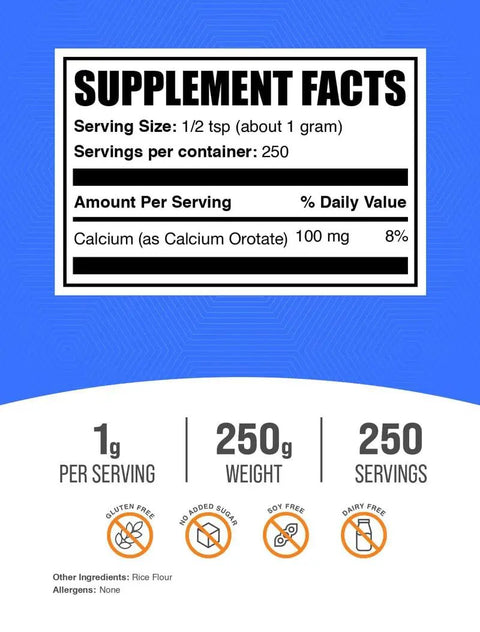 Supplement facts label for Calcium Orotate Powder Supplement With High Bioavailability For Bone Support And Everyday Wellness Gluten Free Unflavored 1g Per Serving 250g Jar Non GMO Certified For Maximum Absorption.