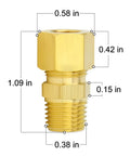 Brass Compression Tube Fitting 1/4 Inch OD By 1/8 Inch NPT Male Union Connector with dimensions shown, side view.