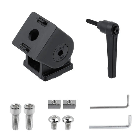 Four Piece 2020 Series Aluminum Extrusion Profile Connector Set In Black Zinc Alloy With Screws And Nuts And Hex Wrenches For 6mm T Slot And 20x20mm Frames Built For DIY Projects, shown with hardware