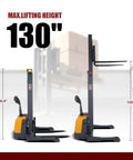 Heavy Duty Electric Pallet Stacker With 3300 Lb Capacity And One Hundred Thirty Inch Lift Height showing max lift height of 130 inches.