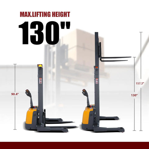Heavy Duty Electric Pallet Stacker With 3300 Lb Capacity And One Hundred Thirty Inch Lift Height showing max lift height of 130 inches.