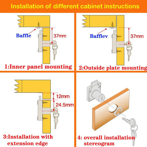 Installation diagram for Heavy Duty Cabinet Lock With Keys For Single Or Double Doors Deadbolt Keyed Different on panels