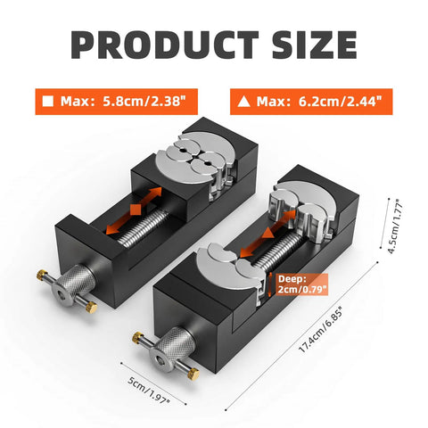 Precision Mini Drill Press Vise Featuring Self Adjusting Fractal Grips And Rock Solid Power For Irregular Pieces Around Two Forty Four Inch Jaw Size Hella Tough Aluminum Desktop Clamp Crafted For Hobby Work And Jewelry Fixups size details showing max opening of 2.44 inches and 0.79 inches depth