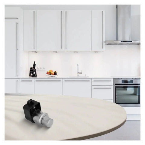 Push Button Cabinet Lock Latch Easy DIY Install Spring Pop Button Release Durable ABS Base Corrosion Resistant Plastic shown in kitchen