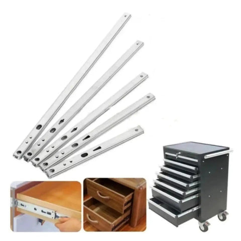 Built Solid Side Mounted Ball Bearing Drawer Slides Twin Pack Full Extension Cabinet Hardware displayed with a tool cart and drawer.