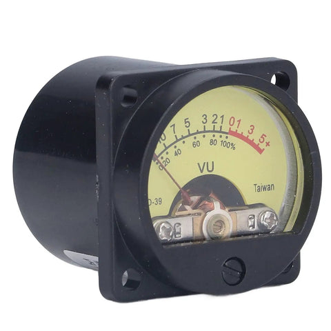 Analog VU Meter With Backlight For Amps A Compact VU Level Gauge On Durable Plastic Iron Panel Ready To Tackle Vibration And Static Easy Readout For Accurate Sound And Noise Measurement., front view of black plastic-iron VU meter for amps
