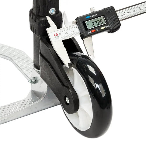 Close-up of wheel and frame of Folding Hand Truck Dolly For Moving And Shopping Aluminum Portable Collapsible Cart 200 Lb Capacity
