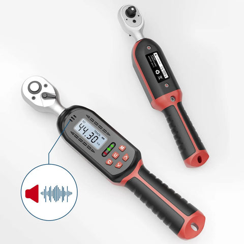 LCD and handle of Three Eighths Inch Digital Torque Wrench With Go-To Preset Values And Six Quick Settings, 2.2 To 44.3 Ft Lbs Or 3 To 60 Nm, Buzzer And LED Alerts, Compact Electronic Torque Tool For Motorcycles And Bikes
