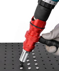 Upgrade Your Gear With This Ultimate Durability Drill Adapter For Riveting That Slaps With 100 AntiCorro Coated Rivets Perfect For Trailer Hacks HVAC Fixes And Snagging Stuck Bolts In Hard Metal Jobs Fast. Red drill rivet adapter with brass tip on perforated metal