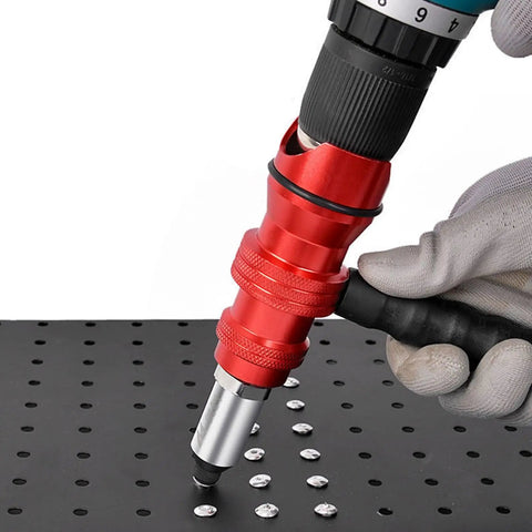Upgrade Your Gear With This Ultimate Durability Drill Adapter For Riveting That Slaps With 100 AntiCorro Coated Rivets Perfect For Trailer Hacks HVAC Fixes And Snagging Stuck Bolts In Hard Metal Jobs Fast. Red drill rivet adapter with brass tip on perforated metal