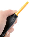 Person holding Dope Dust Blower And Air Cleaner For DSLR Cameras Camcorders And Lenses With Microfiber Cloth, orange nozzle.