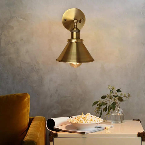 Two Pack Brass Finish Retro Industrial Wall Sconces With Cone Shade Adjustable 1 Light Wall Lamp 7.2 Inch on wall