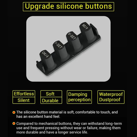 Silicone buttons of Buck Boost DC Adjustable Voltage Regulator Power Supply Module with labels OK, I-SET, V-SET, M/1.