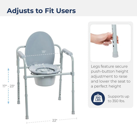 Foldable Steel Bedside Commode Chair 3 In 1 Raised Toilet Seat And Bathroom Safety Frame Featuring Pretty Dang Sturdy 350 Lb Capacity Portable Gray Commode For No Sweat Recovery