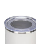 Close-up of Heavy Duty Stainless Steel Self Stirring Heated Coffee Mug Electric Auto Mixing Cup showing clear lid design.