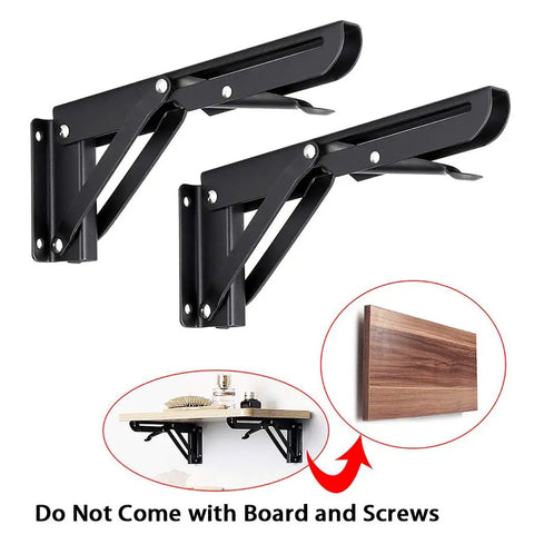 Heavy Duty Folding Shelf Bracket Set Black Metal Triangular Hinge Supports For Wall Mounted Shelves And Benches 8 Inch 2 Pack