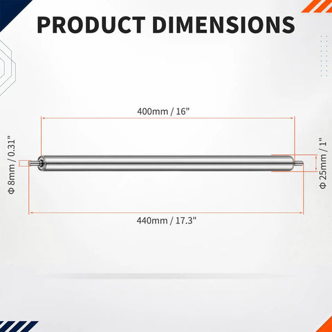 Conveyor Roller 16 Inch Long, 1 Inch Diameter Galvanized Steel Bearing Shaft For Industrial Belt Systems, Heavy Duty Durable Zinc Coated Roller Drum For Material Handling And Assembly Lines. product dimensions diagram, 400mm length