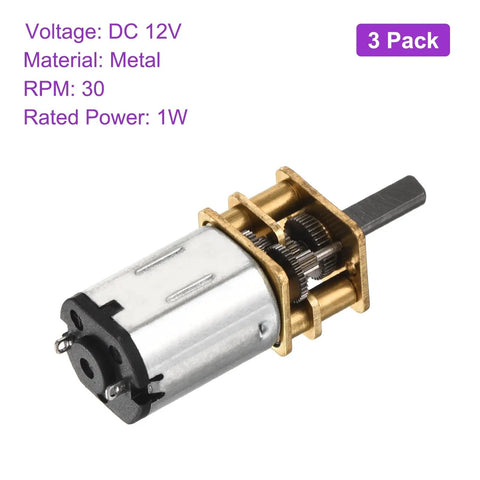 Three Pack 12V Micro DC Gear Motor With Metal Gearbox 30 RPM 12 Rated Torque 10mm Output Shaft 3mm Shaft 1:298 Reduction 1W Power